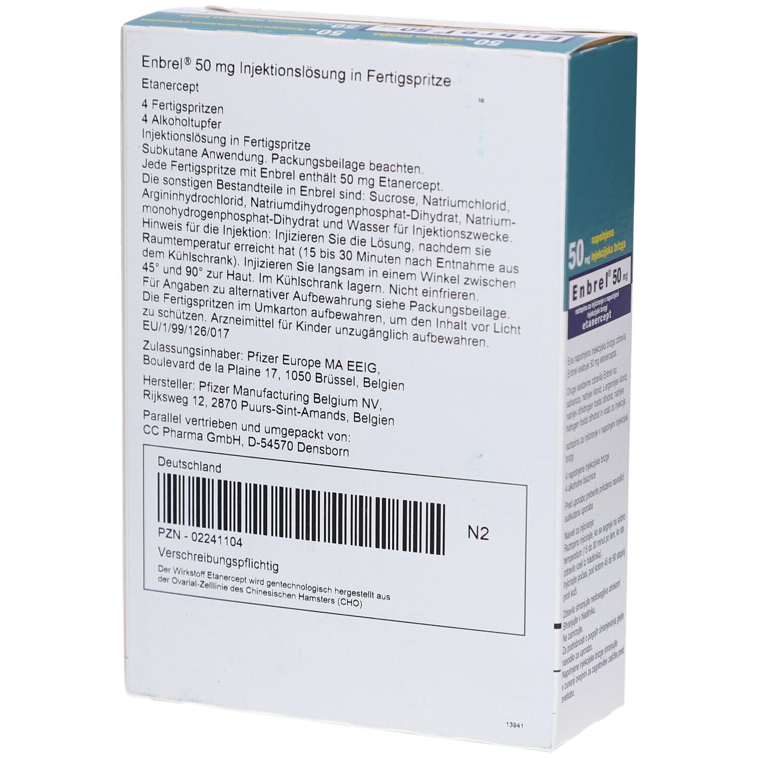 Rückseite der Enbrel 50 mg Verpackung. Text: Injektionslösung in Fertigspritze. Enthält 4 Fertigspritzen und Alkoholpads. Herstellerangaben.