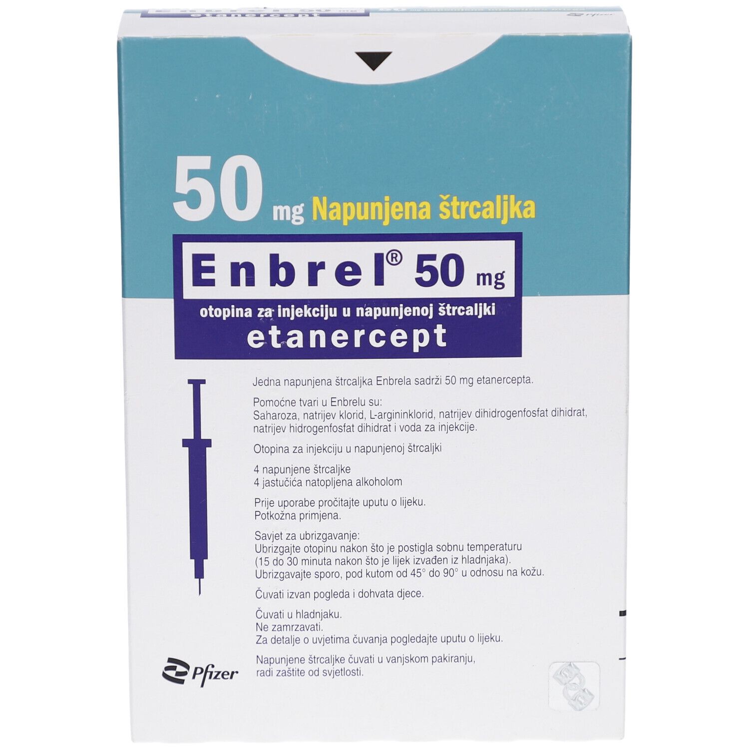 Karton mit Enbrel 50 mg. Aufschrift: Fertigspritze, Etanercept. Enthält 4 Spritzen und Alkoholpads. Blaue und weiße Verpackung.