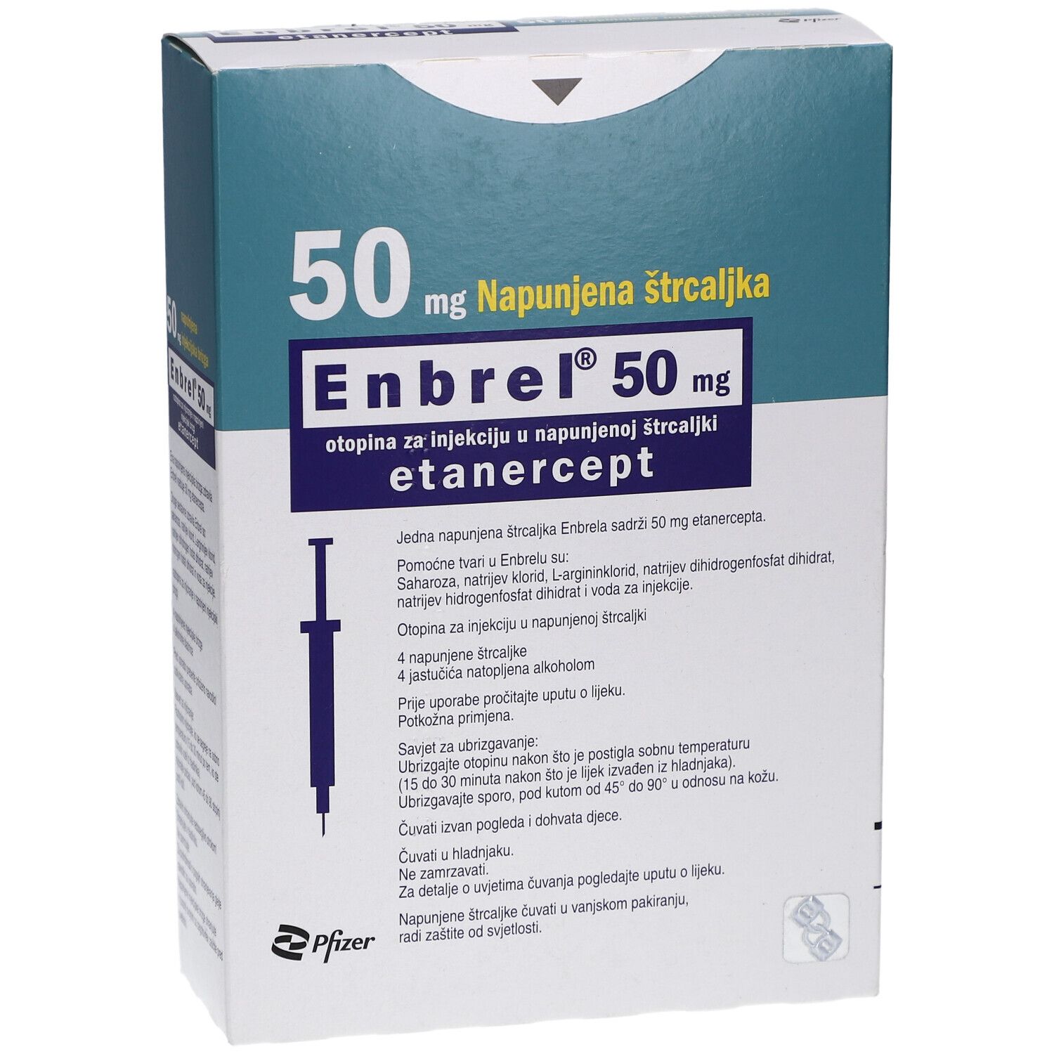 Karton mit Enbrel 50 mg. Aufschrift: Fertigspritze, Etanercept. Enthält 4 Spritzen und Alkoholpads. Blaue und weiße Verpackung.