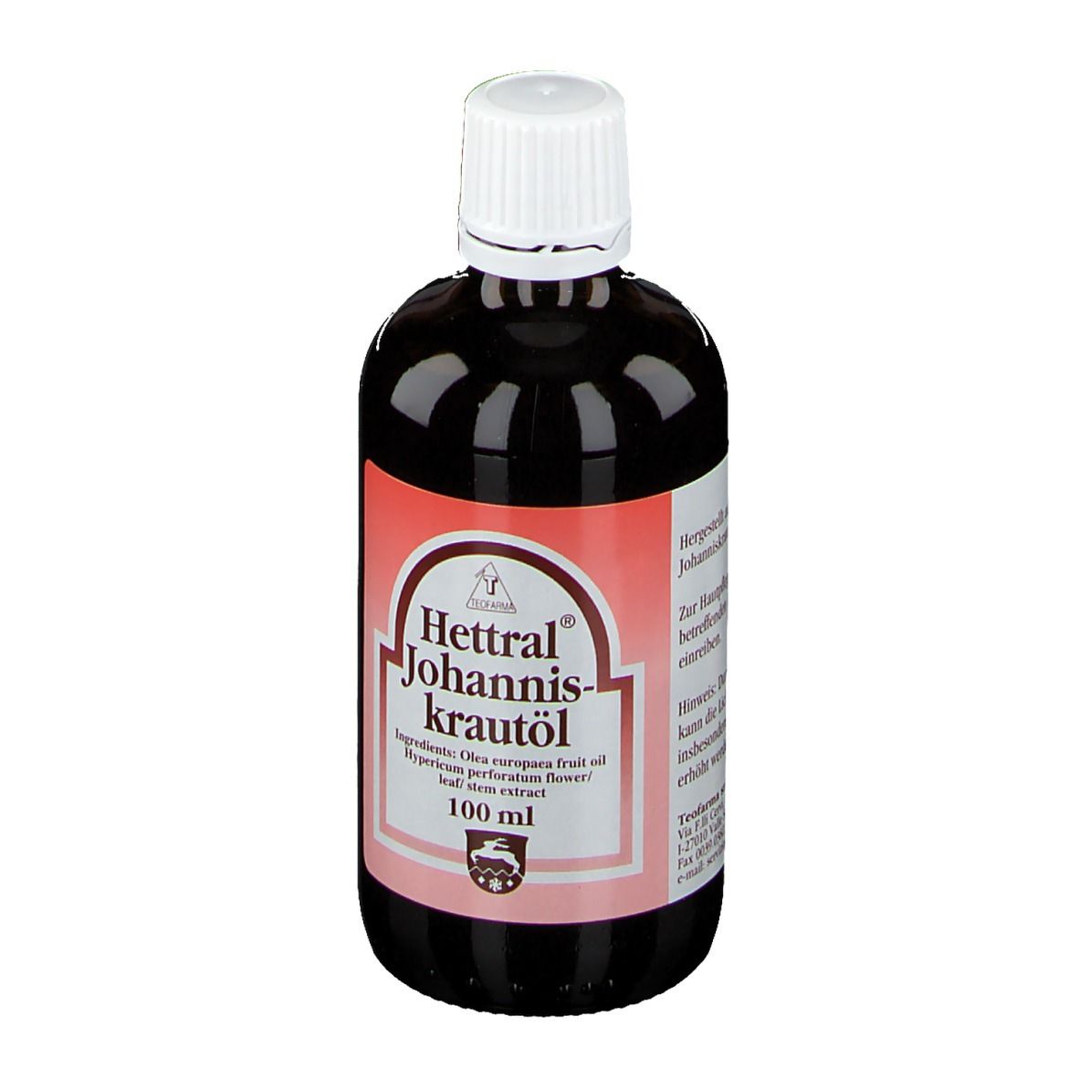 Braune Glasflasche mit weißem Deckel. Etikett mit Produktnamen und Inhaltsstoffen. 100 ml.