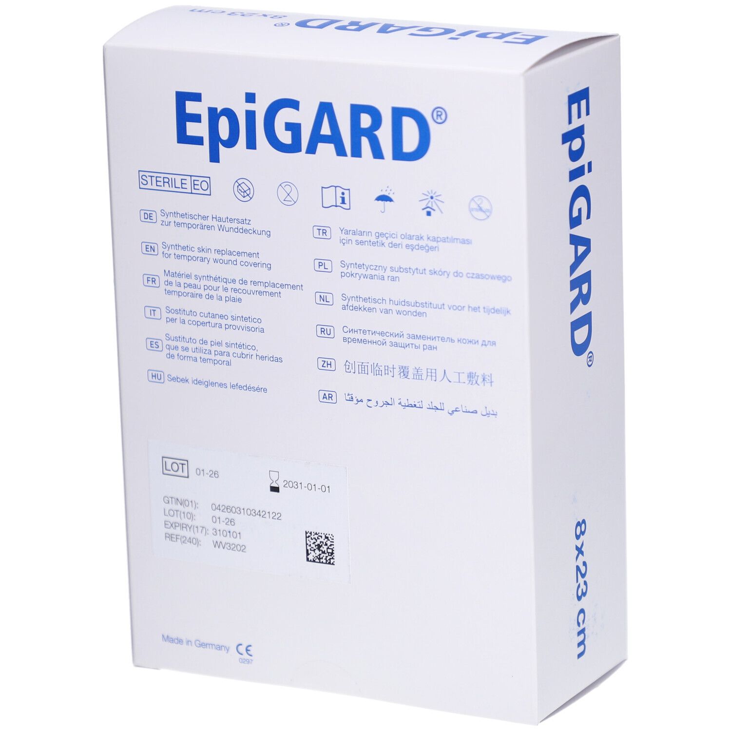 Rückseite der EpiGARD-Verpackung. Mehrsprachige Produktinformationen und Symbole. Größe 8x23 cm.