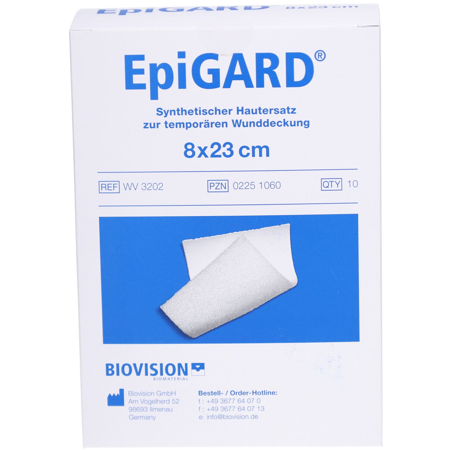 EpiGARD-Verpackung, synthetischer Hautersatz, 8x23 cm. Enthält 10 Stück. Marke und Produktinformationen sind aufgedruckt.
