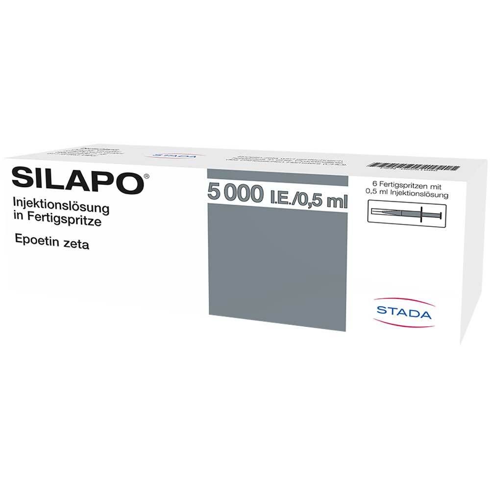 Packung Silapo 5.000 I.E./0,5 ml. Aufschrift: Injektionslösung in Fertigspritze, Epoetin zeta. Enthält 6 Fertigspritzen.