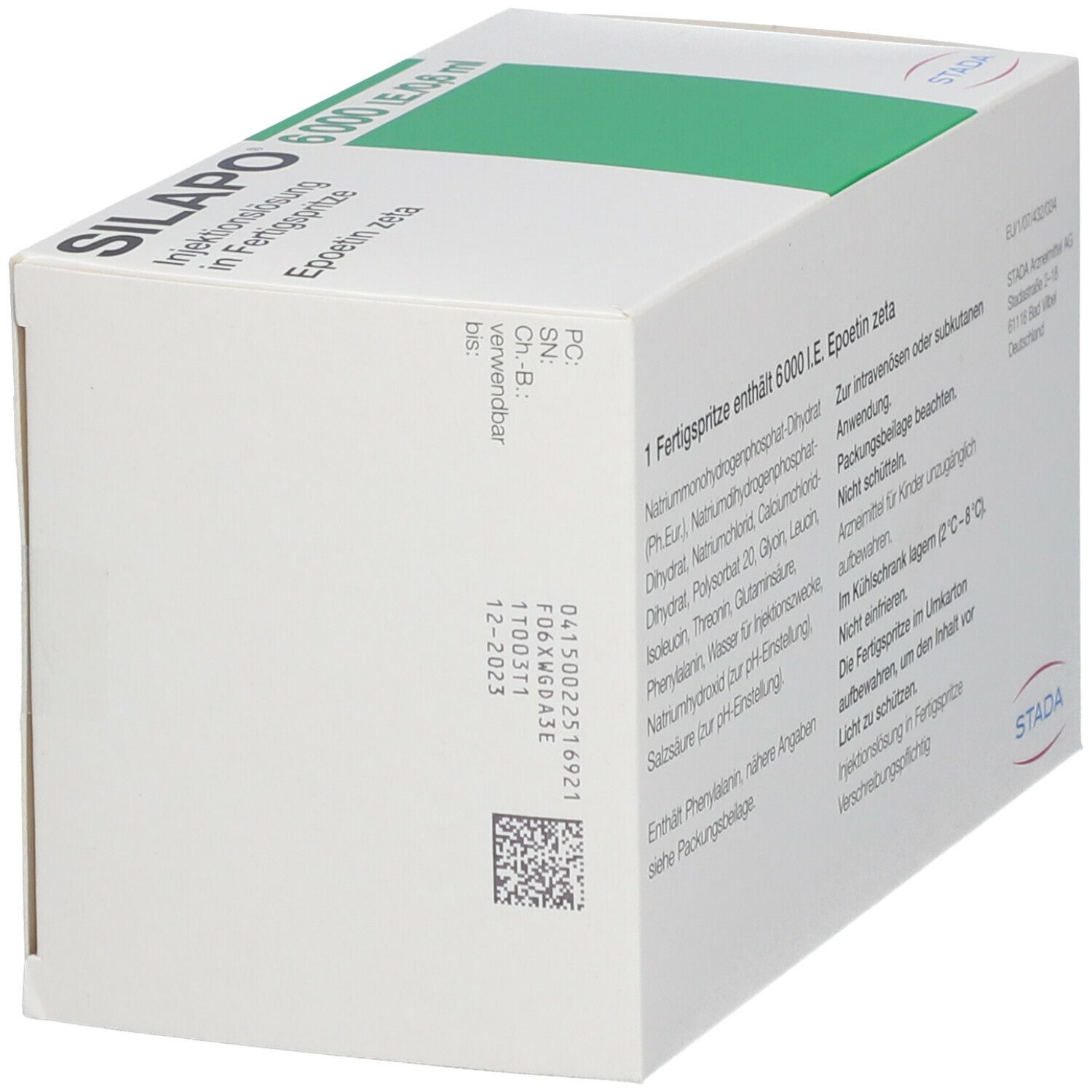 Schachtel SILAPO 6.000 I.E./0,6 ml Fertigspritzen. Aufschrift: Injektionslösung in Fertigspritze, Epoetin zeta. Mit Barcode und Verfallsdatum.
