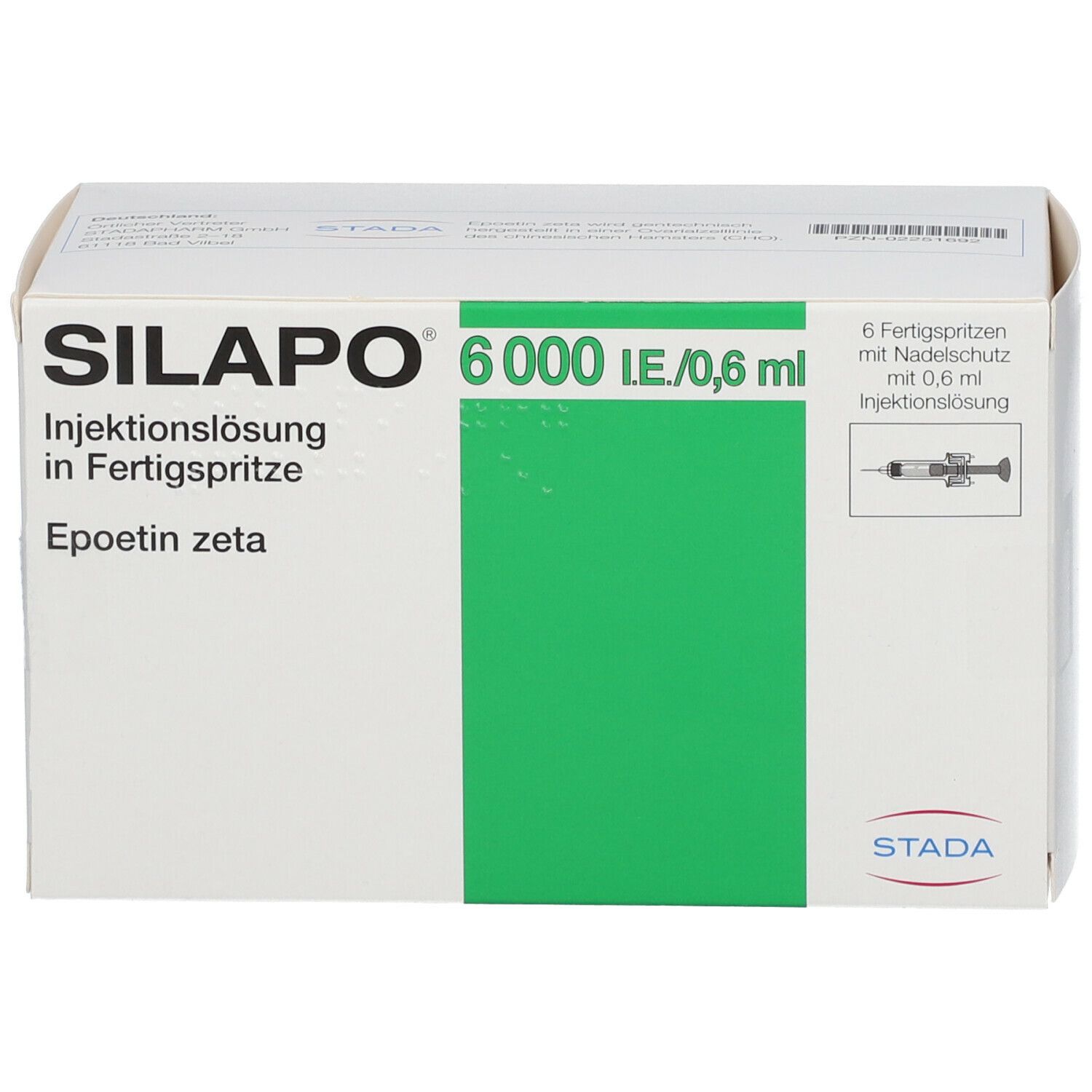 Schachtel SILAPO 6.000 I.E./0,6 ml Fertigspritzen. Aufschrift: Injektionslösung in Fertigspritze, Epoetin zeta. 6 Fertigspritzen mit Nadelschutz.