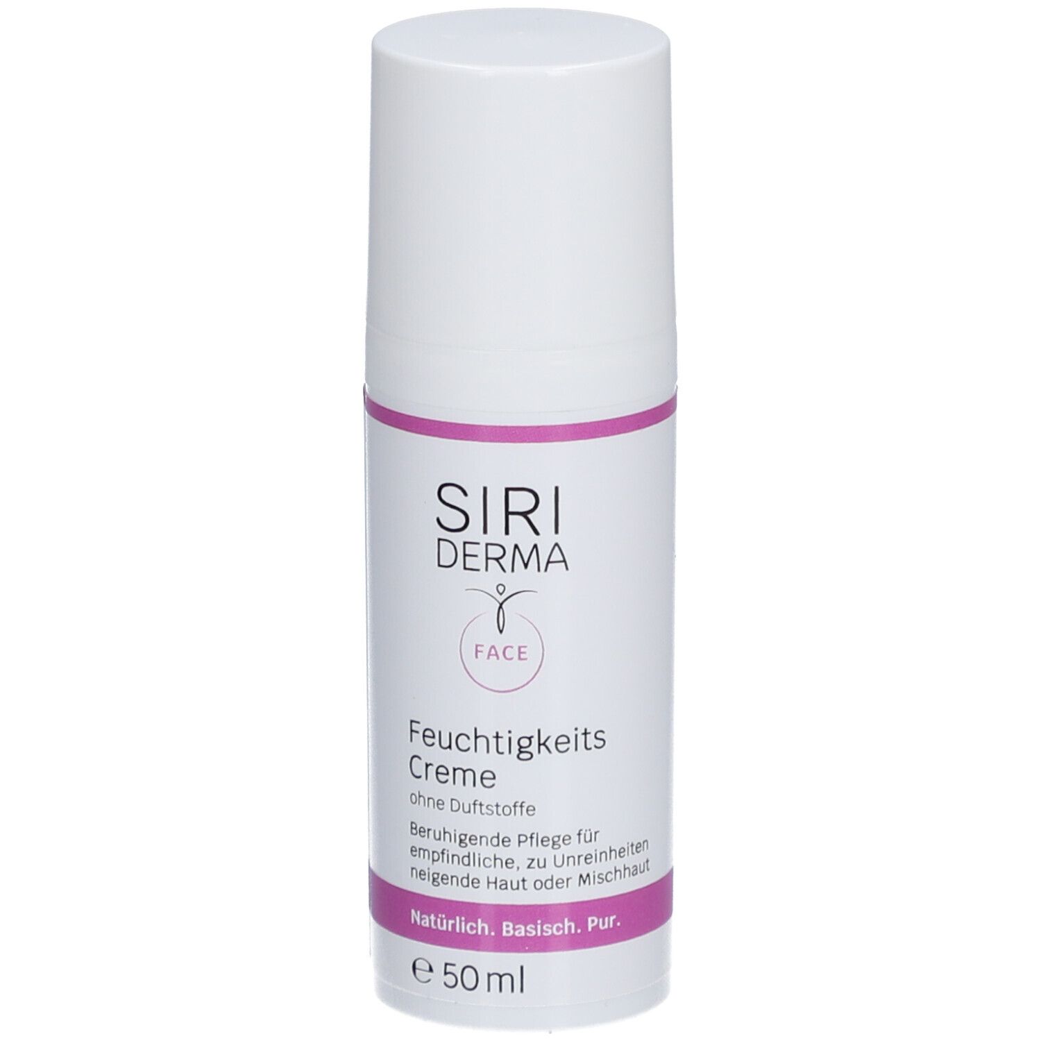 Creme-Tube. Aufschrift: Siri Derma Face Feuchtigkeitscreme ohne Duftstoffe. Für empfindliche Haut.