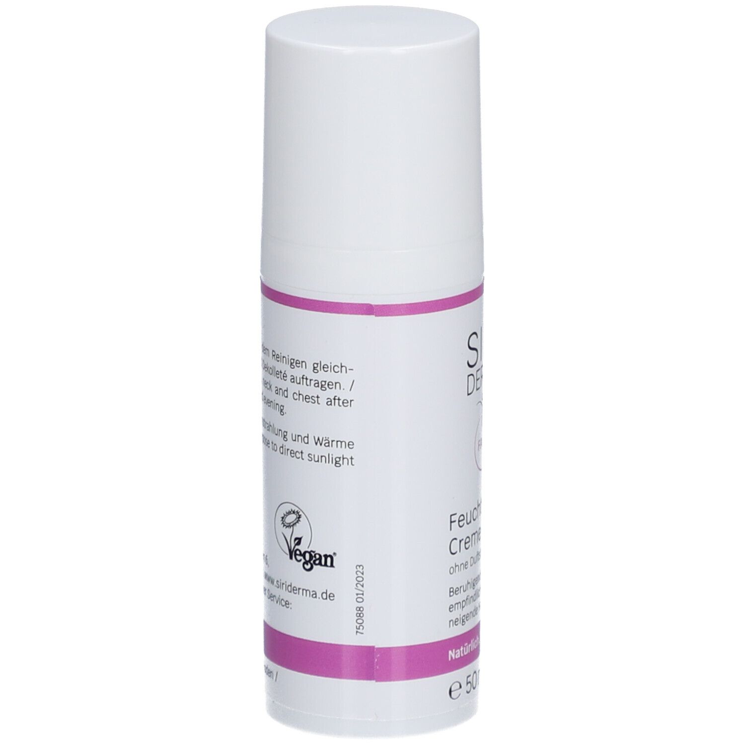 Creme-Tube. Rückseite mit Text. Vegan-Logo. Aufschrift: Siri Derma Face Feuchtigkeitscreme ohne Duftstoffe.