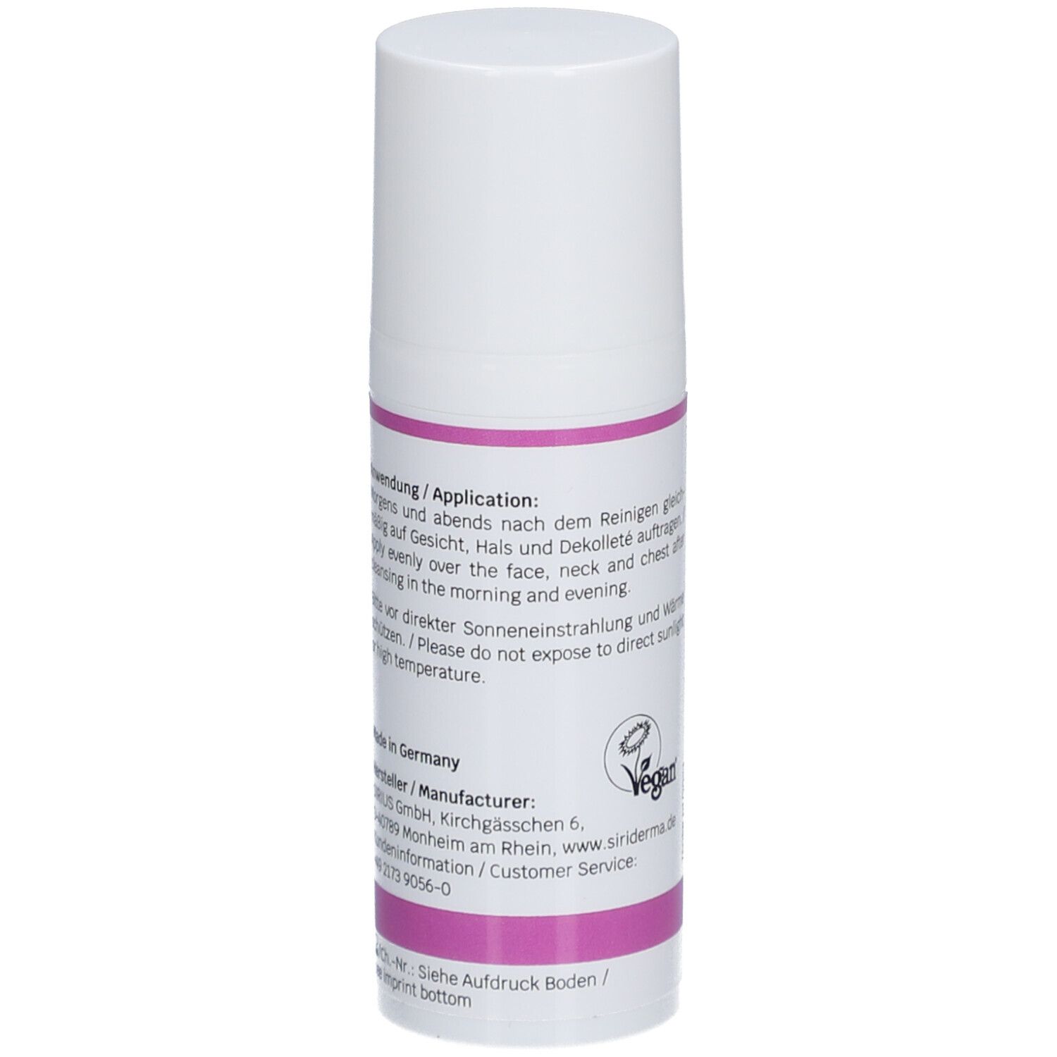 Creme-Tube. Rückseite mit Text. Vegan-Logo. Aufschrift: Siri Derma Face Feuchtigkeitscreme ohne Duftstoffe.
