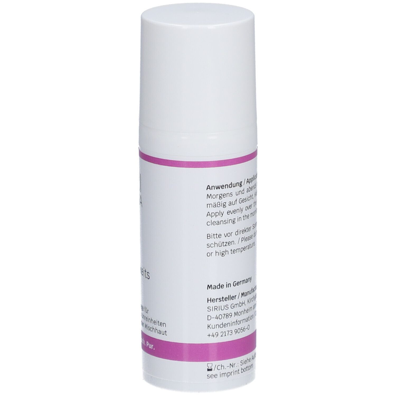 Creme-Tube. Rückseite mit Text. Vegan-Logo. Aufschrift: Siri Derma Face Feuchtigkeitscreme ohne Duftstoffe.