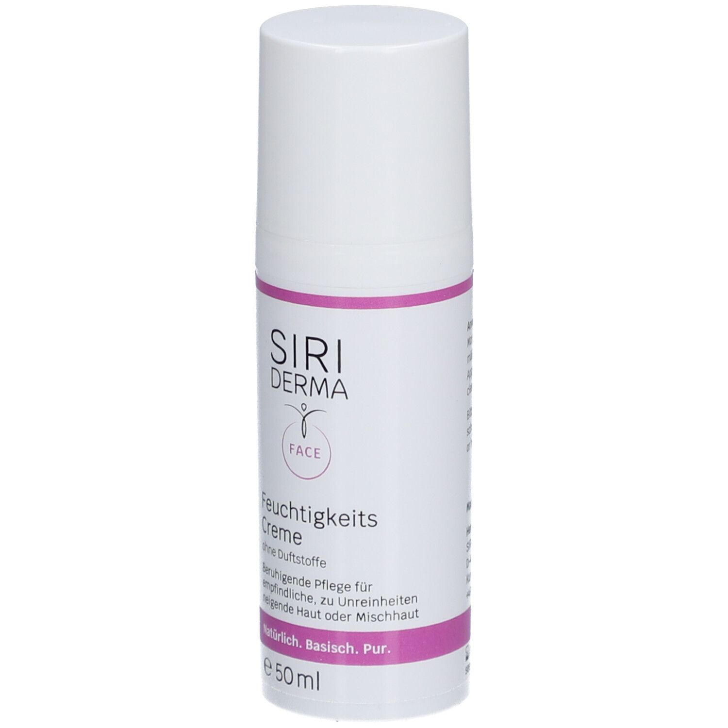 Creme-Tube. Aufschrift: Siri Derma Face Feuchtigkeitscreme ohne Duftstoffe. Für empfindliche Haut.