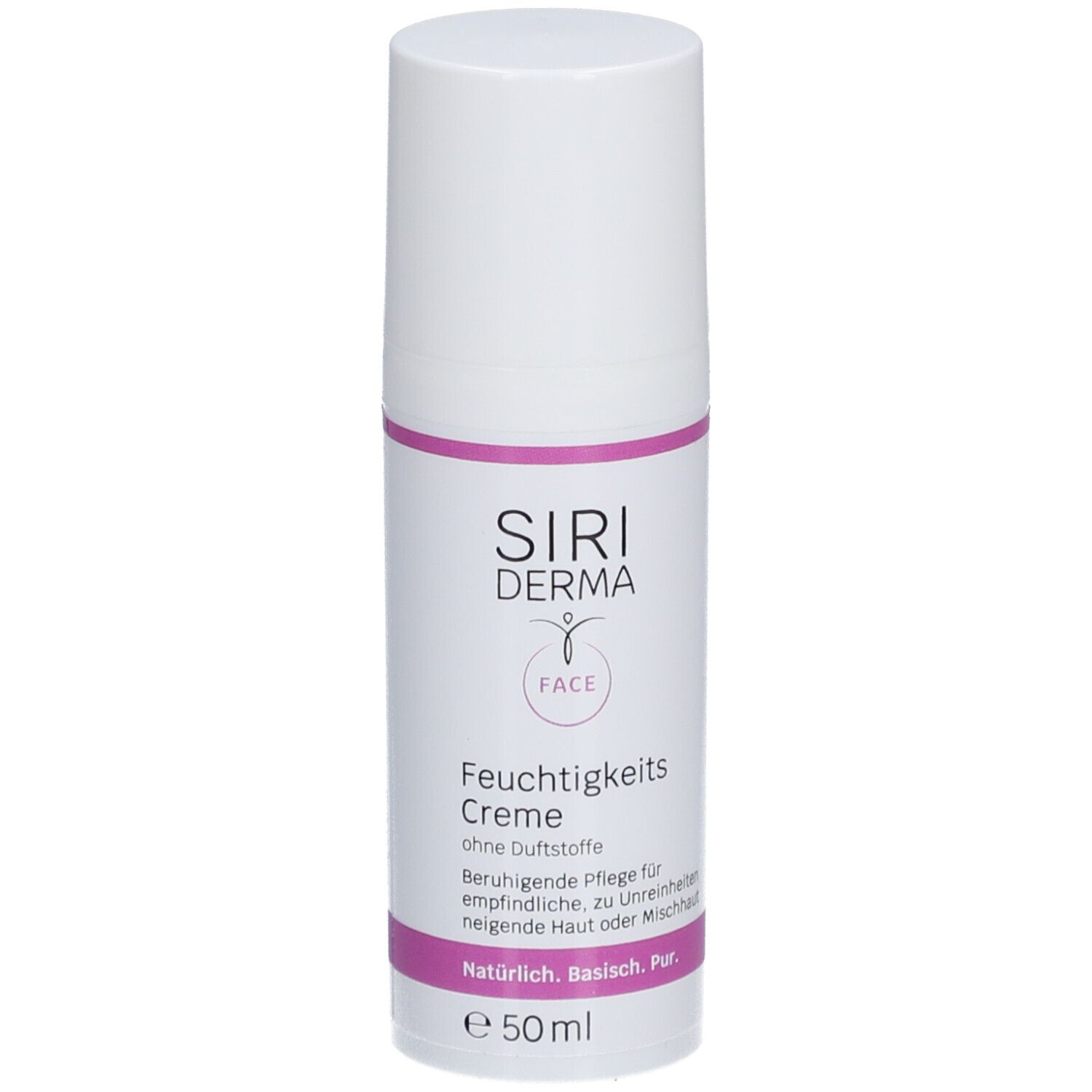 Creme-Tube. Aufschrift: Siri Derma Face Feuchtigkeitscreme ohne Duftstoffe. Für empfindliche Haut.