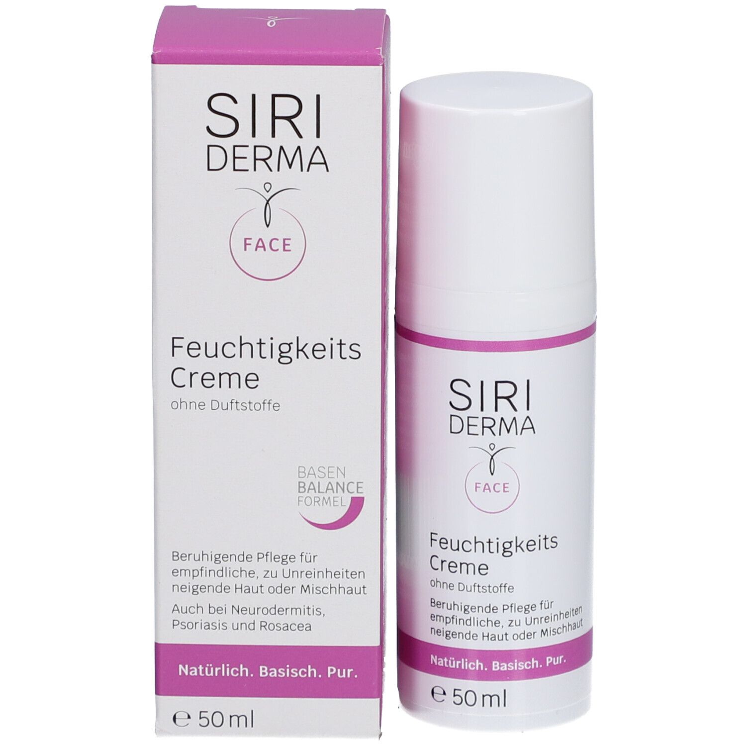 Creme-Tube und Schachtel. Aufschrift: Siri Derma Face Feuchtigkeitscreme ohne Duftstoffe. Für empfindliche Haut.