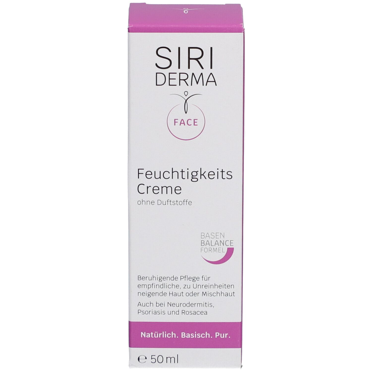 Schachtel. Aufschrift: Siri Derma Face Feuchtigkeitscreme ohne Duftstoffe. Für empfindliche Haut.