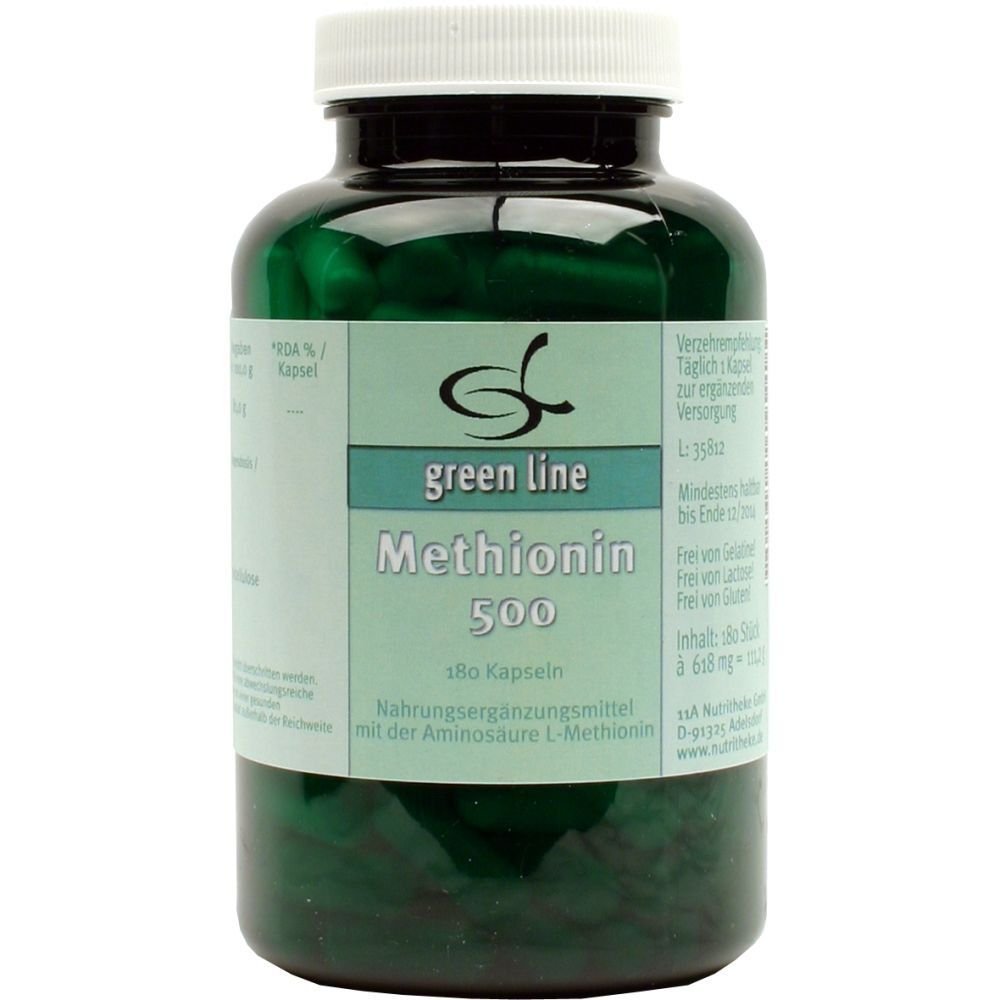 Grüne Kapseln in einer grünen Flasche mit weißem Deckel. Auf dem Etikett steht "green line Methionin 500".