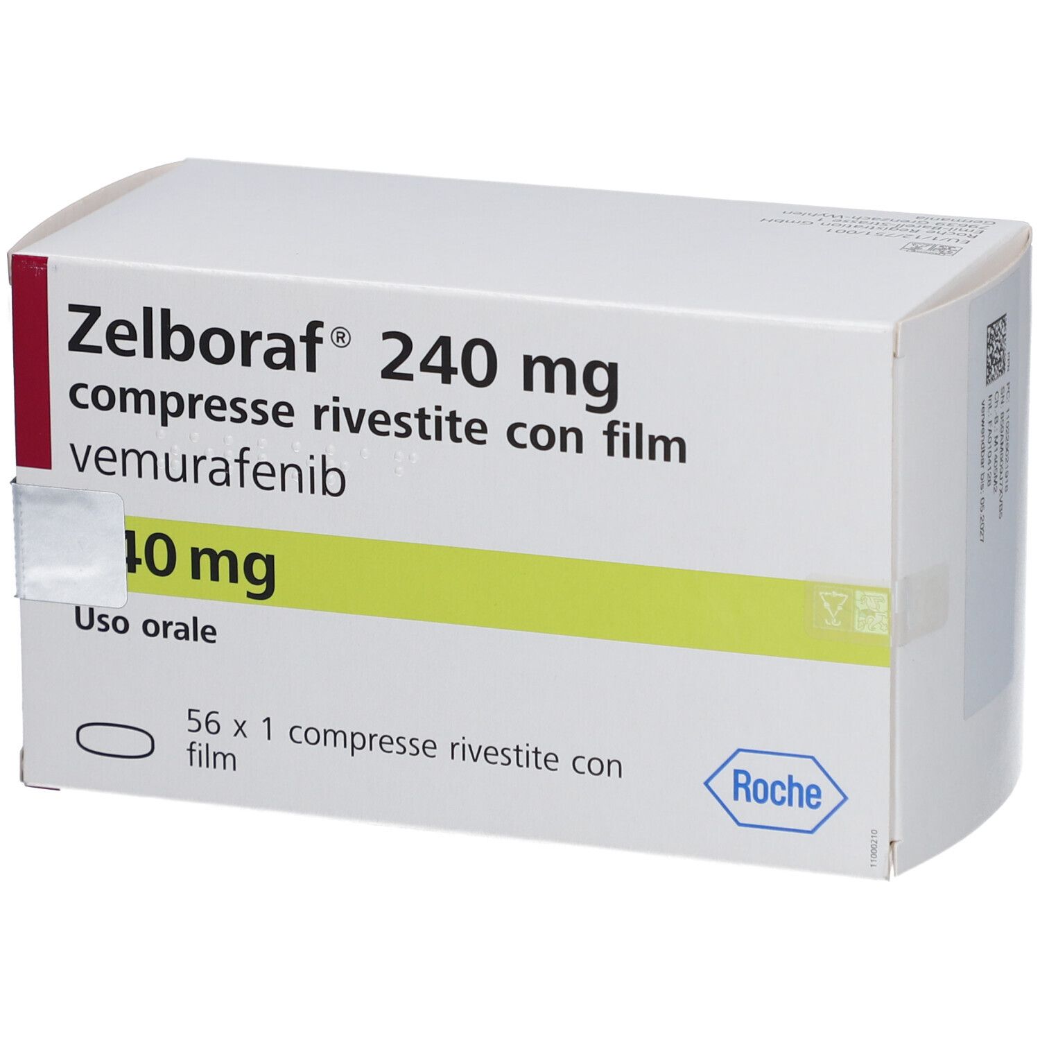 Schachtel mit Zelboraf 240 mg Tabletten. Aufschrift: compresse rivestite con film, vemurafenib, 10 mg, 56 x 1 compresse.