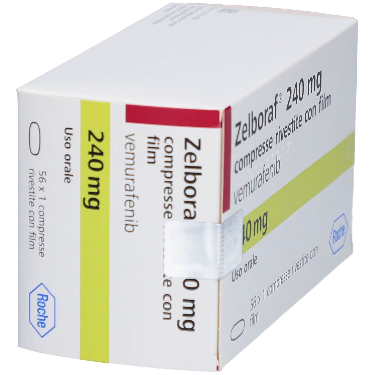 Schachtel mit Zelboraf 240 mg Tabletten. Aufschrift: compresse rivestite con film, vemurafenib, 10 mg, 56 x 1 compresse.