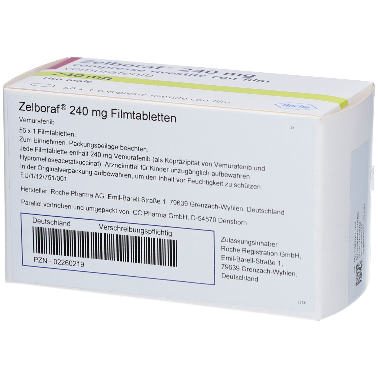 Rückseite der Zelboraf 240 mg Filmtabletten-Verpackung. Enthält Informationen zu Inhaltsstoffen, Hersteller und Chargennummer.