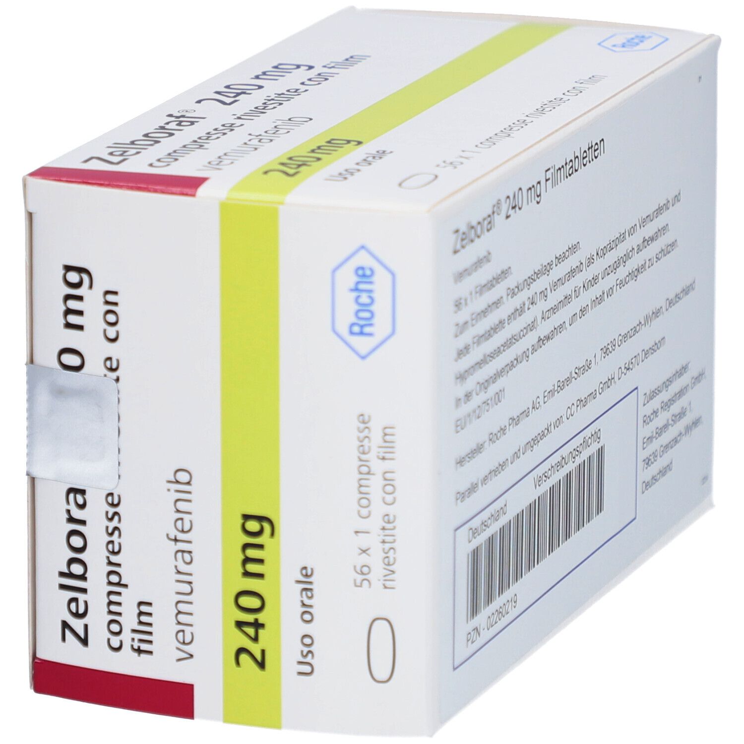 Schachtel mit Zelboraf 240 mg Tabletten. Aufschrift: compresse rivestite con film, vemurafenib, 10 mg, 56 x 1 compresse.