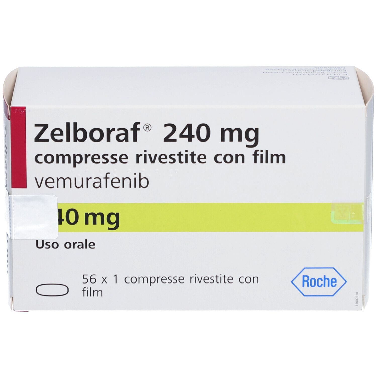 Schachtel mit Zelboraf 240 mg Tabletten. Aufschrift: compresse rivestite con film, vemurafenib, 10 mg, 56 x 1 compresse.