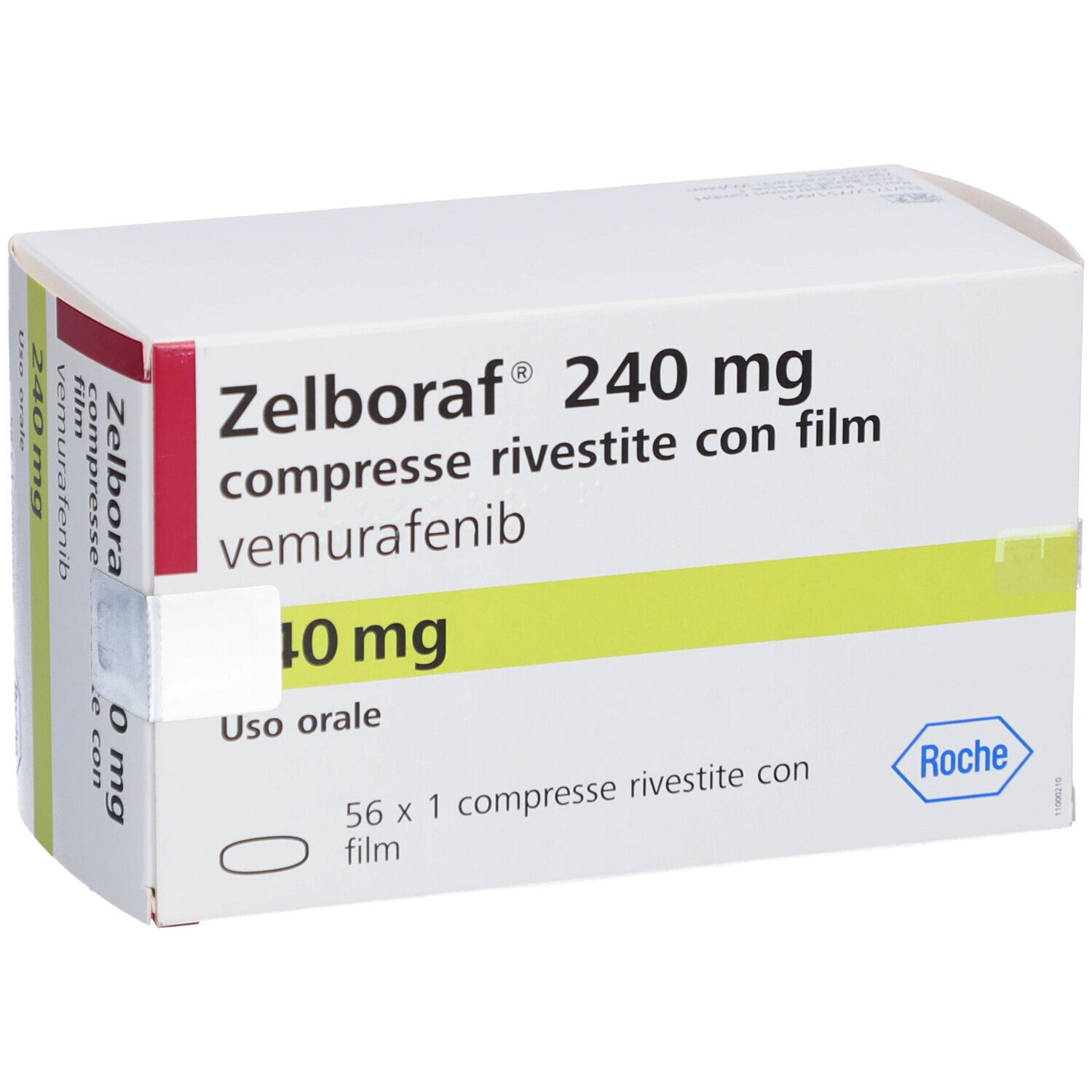 Schachtel mit Zelboraf 240 mg Tabletten. Aufschrift: compresse rivestite con film, vemurafenib, 10 mg, 56 x 1 compresse.