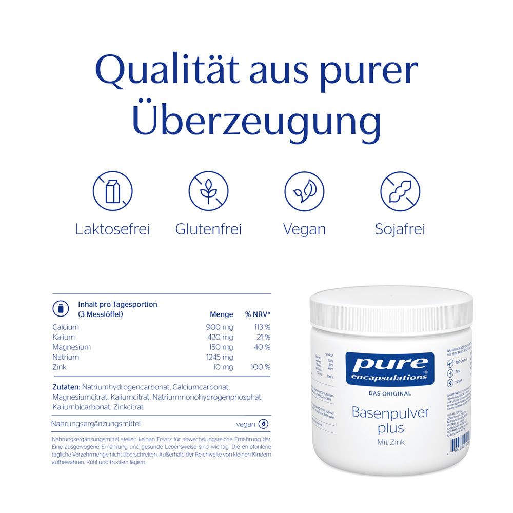 Dose mit Text und Icons. Text: Laktosefrei, Glutenfrei, Vegan, Sojafrei. Inhaltsstoffe und Nährwerte.