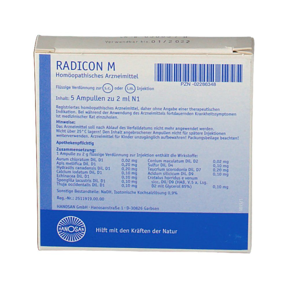 Geöffnete RADICON M-Verpackung. Enthält Informationen zu Inhaltsstoffen und Dosierung. Weiße Schachtel mit blauer Schrift.