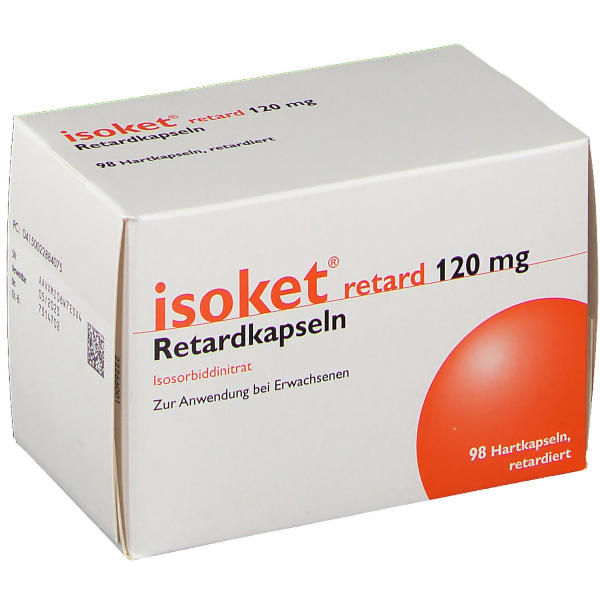 Weiße Schachtel mit rotem Kreis. Aufschrift: Isoket retard 120 mg Retardkapseln. Enthält 98 Hartkapseln.