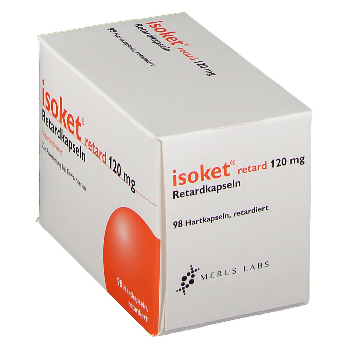 Weiße Schachtel mit rotem Kreis. Aufschrift: Isoket retard 120 mg Retardkapseln. Enthält 98 Hartkapseln. Logo Merus Labs.