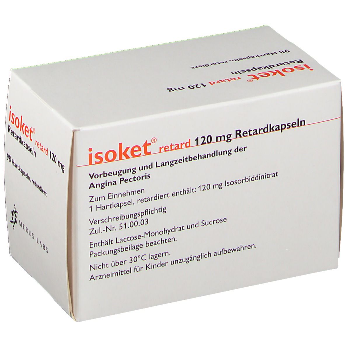 Weiße Schachtel mit Text. Aufschrift: Isoket retard 120 mg Retardkapseln. Angaben zur Anwendung und Inhaltsstoffe.