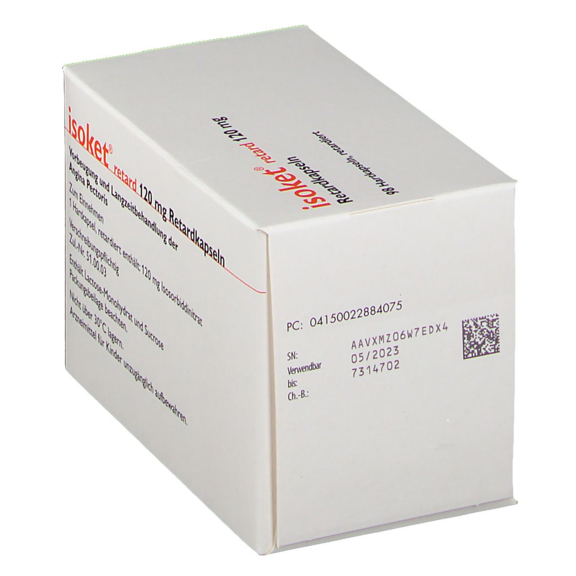 Weiße Schachtel mit Text und Barcode. Aufschrift: Isoket retard 120 mg Retardkapseln. Angaben zur Anwendung und Inhaltsstoffe.