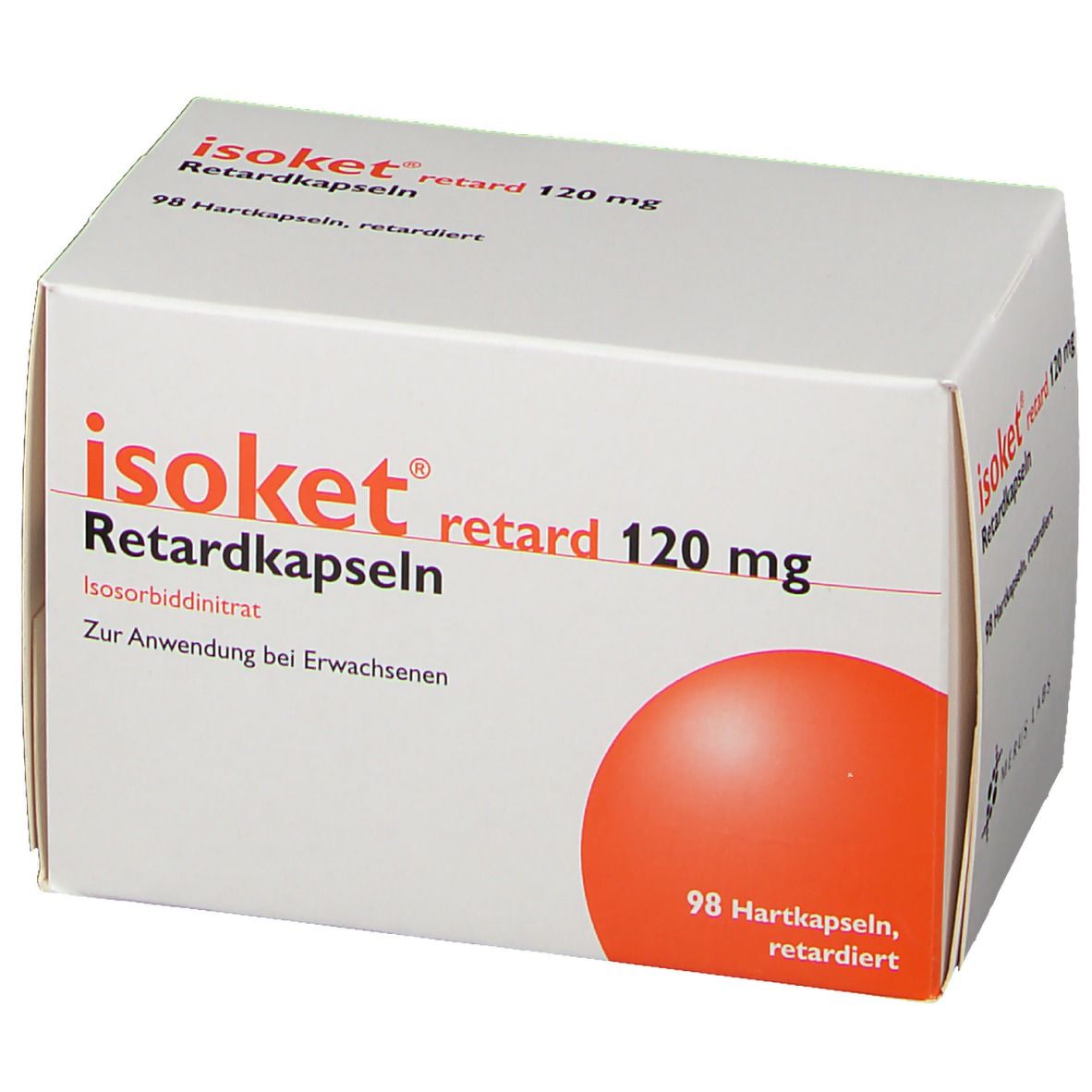 Weiße Schachtel mit rotem Kreis. Aufschrift: Isoket retard 120 mg Retardkapseln. Enthält 98 Hartkapseln.