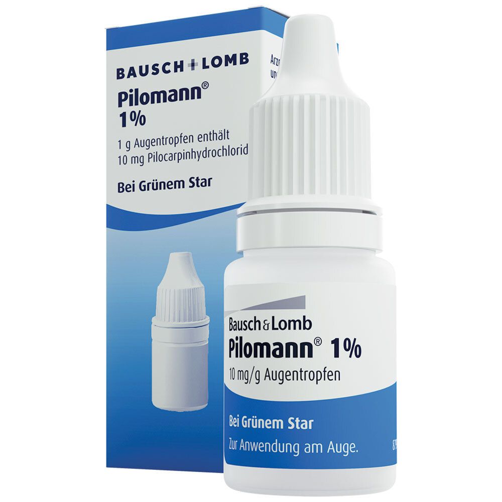 Augentropfen-Fläschchen und Verpackung. Aufschrift: Pilomann® 1%, Bausch + Lomb. Bei Grünem Star.