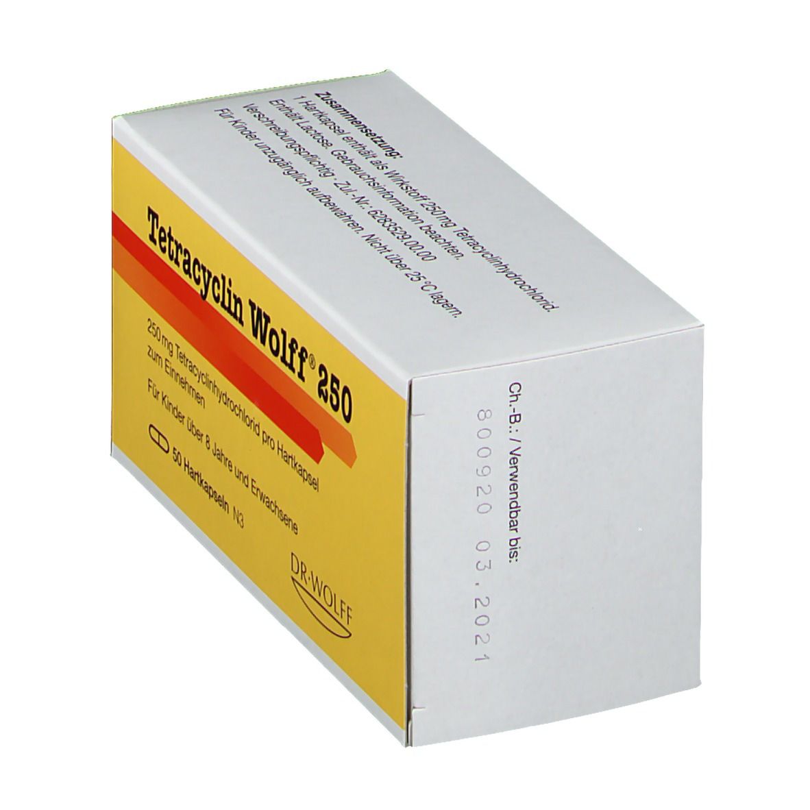 Schachtel Tetracyclin Wolff® 250. Gelb-weiße Verpackung mit Produktnamen und Inhaltsangaben. Aufdruck: 50 Hartkapseln.