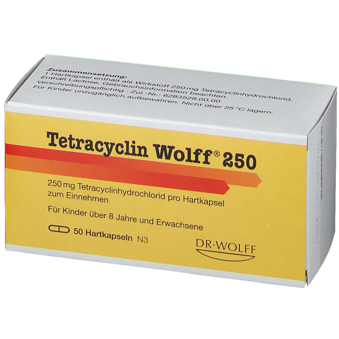 Schachtel Tetracyclin Wolff® 250. Gelb-weiße Verpackung mit Produktnamen und Inhaltsangaben. Aufdruck: 50 Hartkapseln.