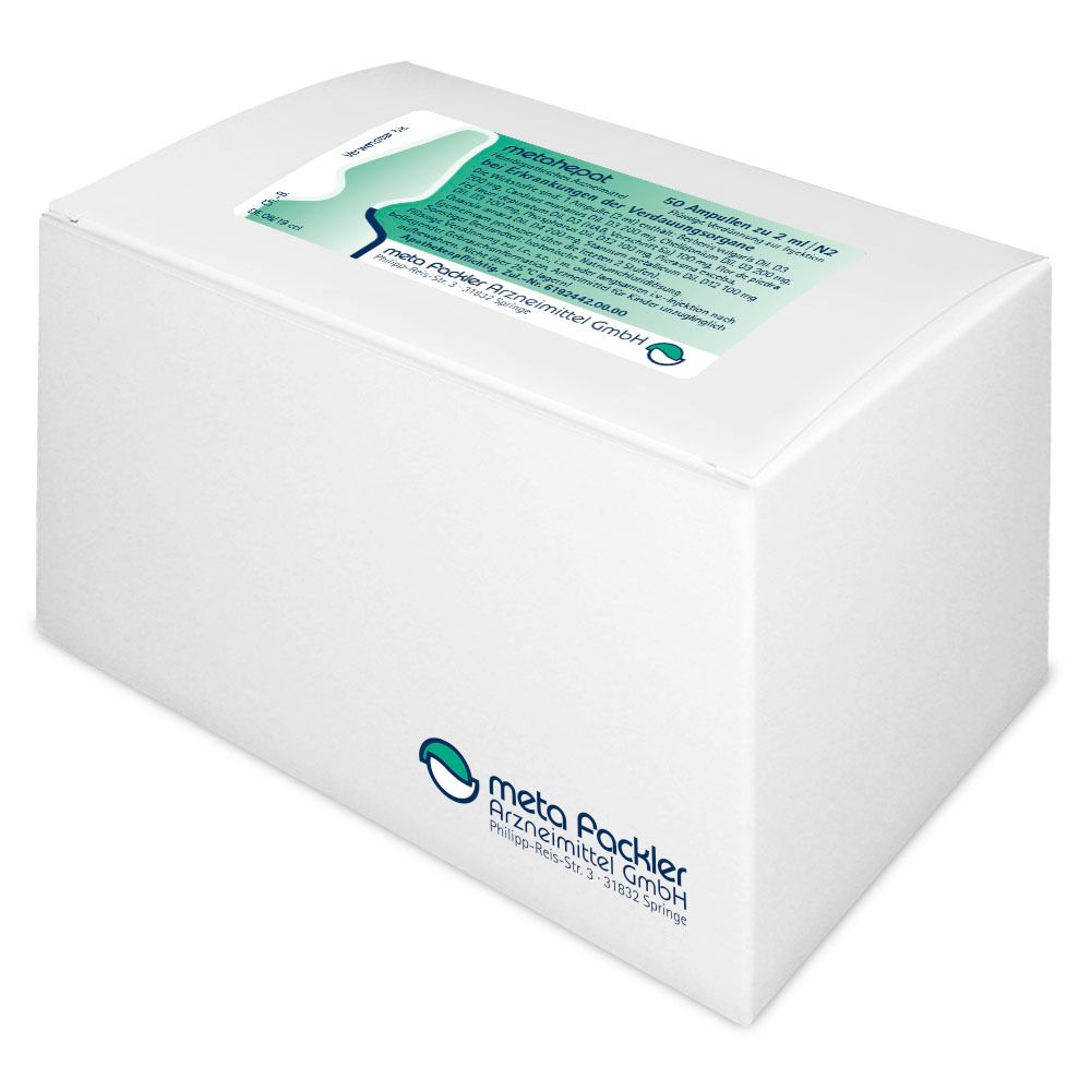 Weiße Verpackung mit metahepat-Etikett. Textinformationen, Herstellerlogo. Schrägansicht.