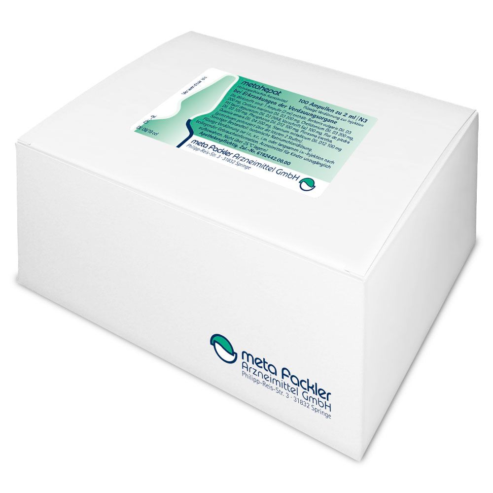 Weiße Verpackung mit metahepat-Etikett. Textinformationen, Herstellerlogo. Schrägansicht.