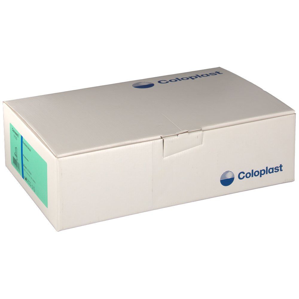 Weißer Karton mit Coloplast-Logo. Auf der linken Seite befindet sich ein grüner Aufkleber mit Produktinformationen.