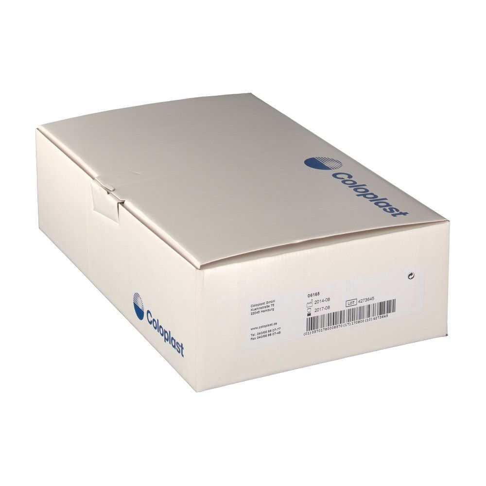 Weißer Karton mit Coloplast-Logo. Auf der Seite sind Produktinformationen und ein Barcode aufgedruckt.