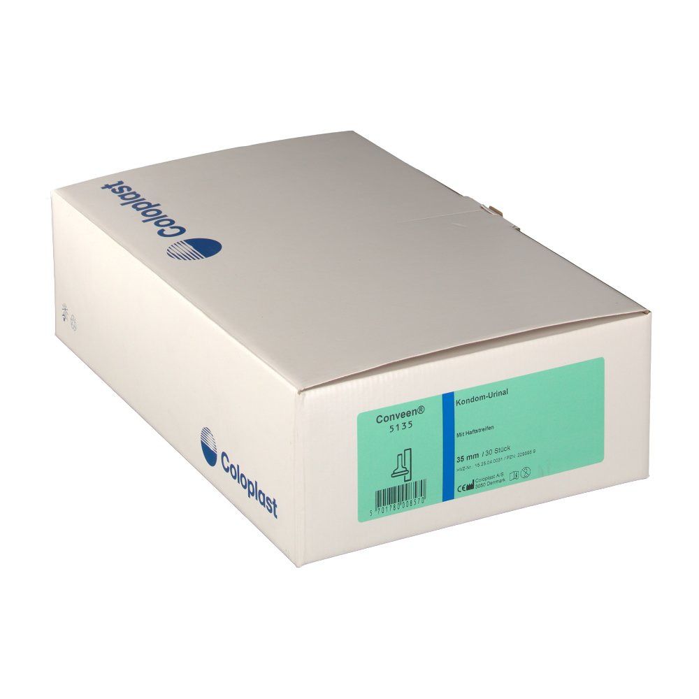 Weißer Karton mit Coloplast-Logo und grünem Etikett. Auf dem Etikett sind Produktnamen und Spezifikationen aufgedruckt.
