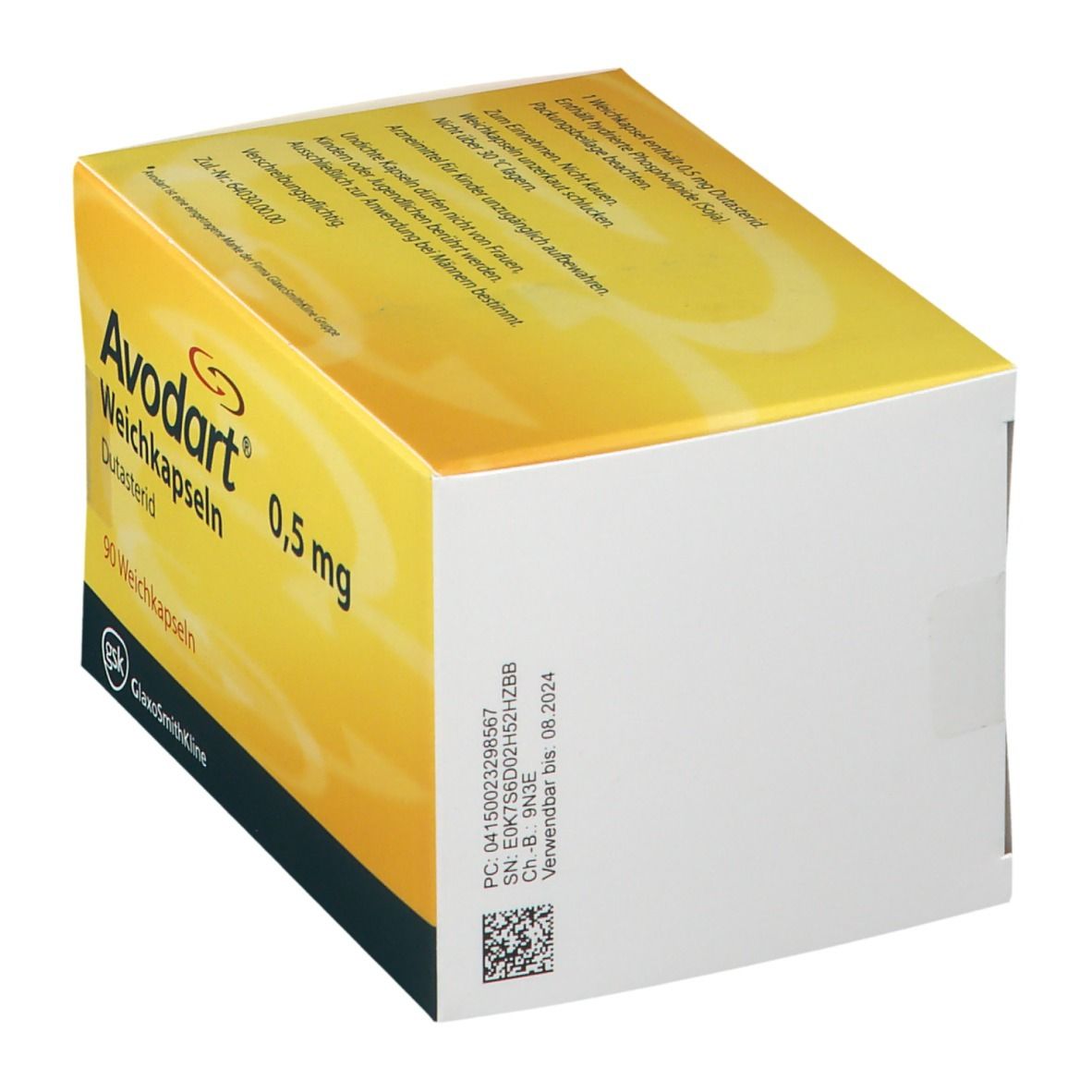 Avodart 0,5 mg Weichkapseln, Dutasterid, 90 Stück. Rückseite der gelben Verpackung mit Barcode und Chargennummer.