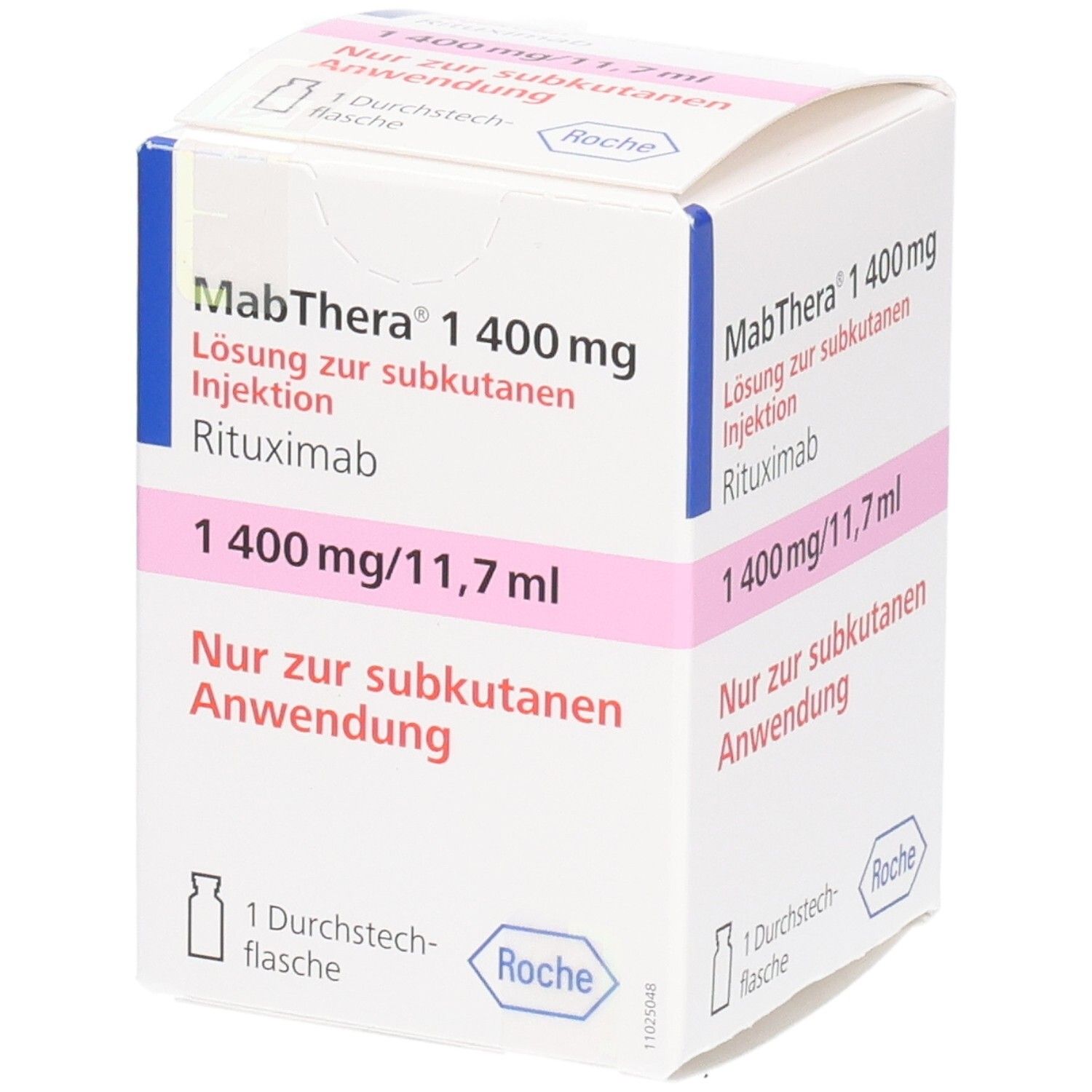 MabThera® 1.400 mg Injektionslösung in weißer Faltschachtel. Rosa Akzent. Text: 1400 mg/11,7 ml. Nur zur subkutanen Anwendung.