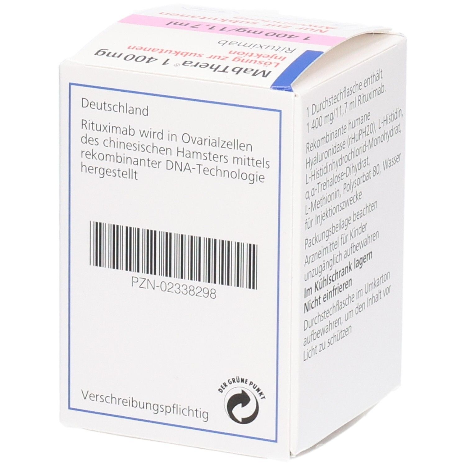 Weiße Faltschachtel MabThera® 1.400 mg. Text: 1400 mg/11,7 ml. Barcode. Hergestellt in Deutschland. Roche Logo. Grüne Punkt.