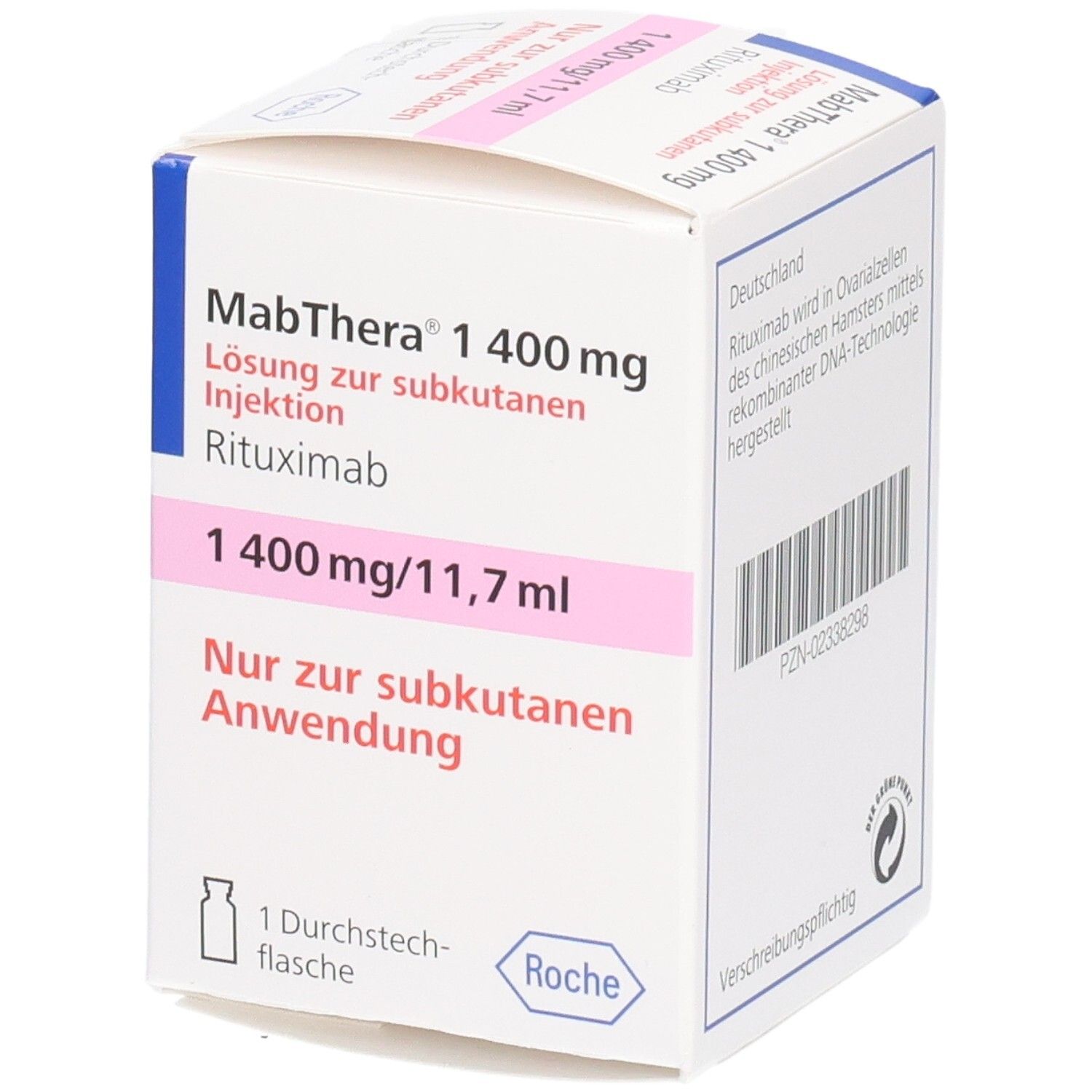 MabThera® 1.400 mg Injektionslösung in weißer Faltschachtel. Rosa Akzent. Text: 1400 mg/11,7 ml. Nur zur subkutanen Anwendung.