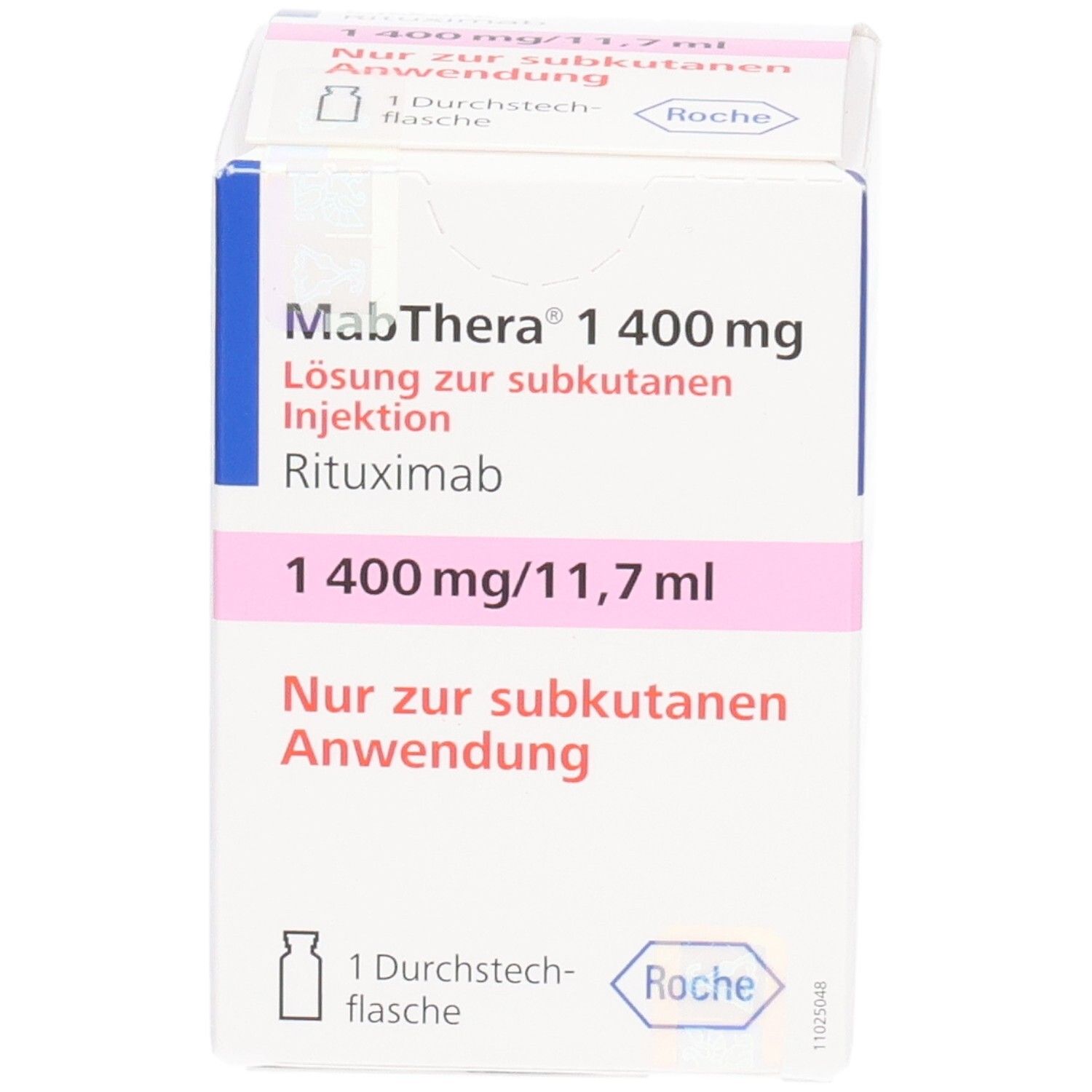 MabThera® 1.400 mg Injektionslösung in weißer Faltschachtel. Rosa Akzent. Text: 1400 mg/11,7 ml. Nur zur subkutanen Anwendung.