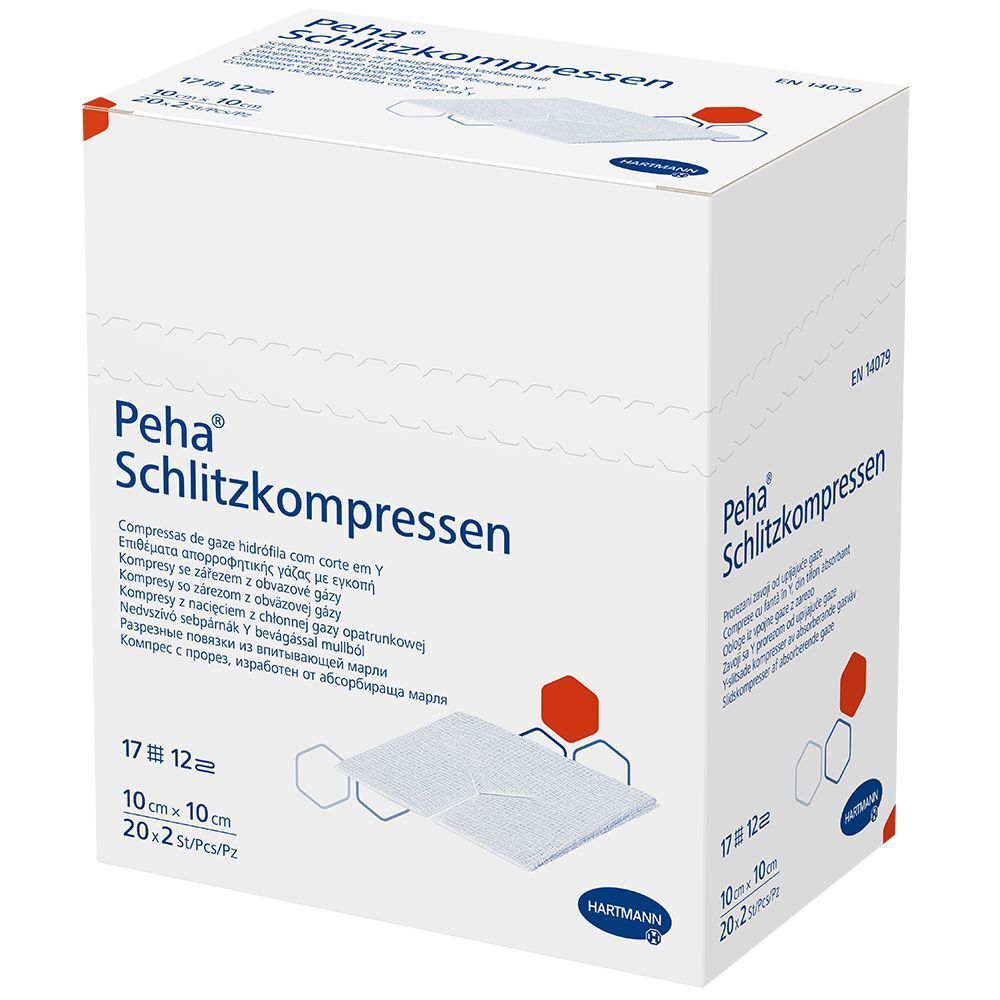 Hartmann Peha® Schlitzkompressen-Packung. Weiße Box mit Produktabbildung und Text. 10x10 cm, 20x2 Stück.