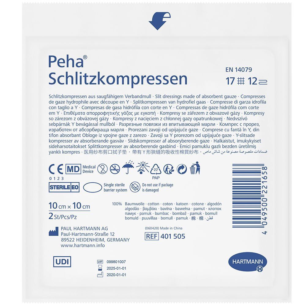 Verpackung mit Hartmann Peha® Schlitzkompressen. Produktinformationen, Größe 10x10 cm, 2x10 Stück. Sterile Kompressen.