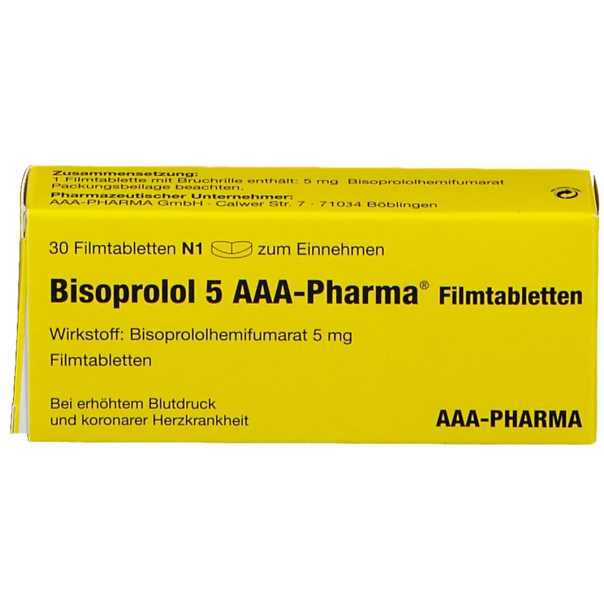 Gelbe Schachtel mit "Bisoprolol 5 AAA-Pharma Filmtabletten". Enthält 30 Tabletten. Text in Deutsch.