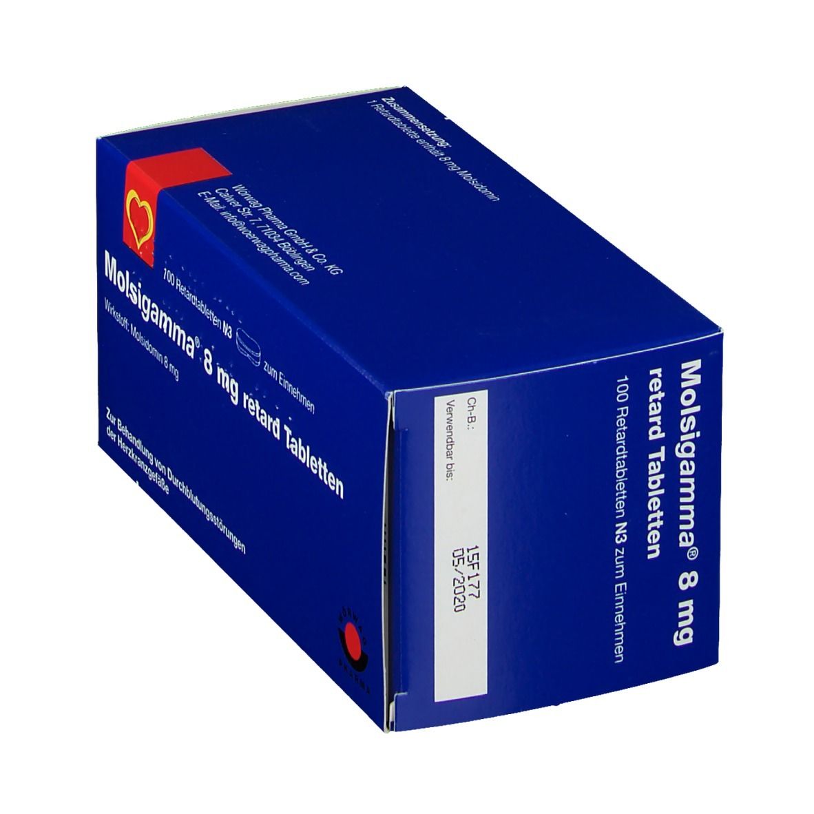 Blaue Schachtel "Molsigamma 8 mg retard Tabletten". Enthält 100 Tabletten. Rotes Herz-Logo. Verfallsdatum. Text in Deutsch.