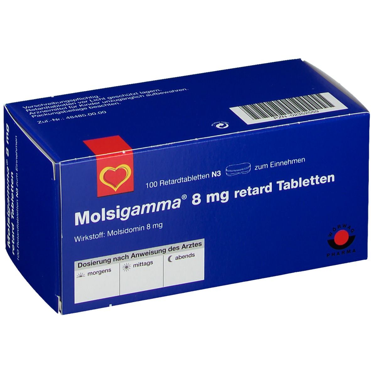 Blaue Schachtel "Molsigamma 8 mg retard Tabletten". Enthält 100 Tabletten. Rotes Herz-Logo. Text in Deutsch. Dosierungsangaben.