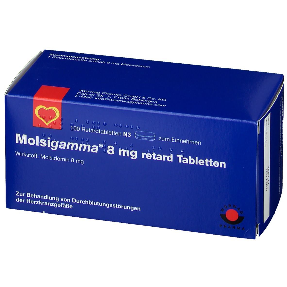 Blaue Schachtel "Molsigamma 8 mg retard Tabletten". Enthält 100 Tabletten. Rotes Herz-Logo. Text in Deutsch. Herstellerlogo.